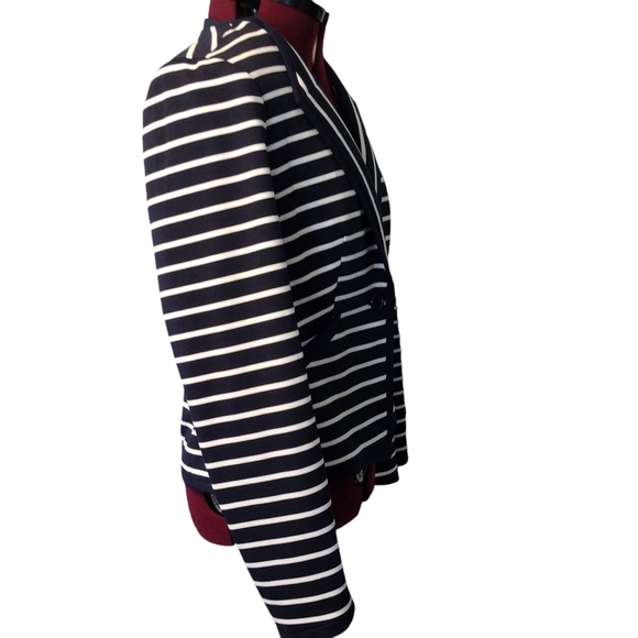 NWOT size L navy blue white striped lined stretch knit dress blazer jacket - Picture 3 of 10